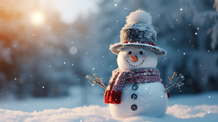 Wall Mural - A snowman adorned with a festive hat and scarf during the daytime snowfall, with a bokeh background