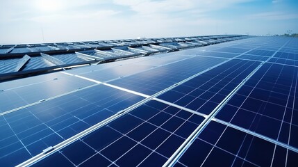 Poster - Aerial view of blue photovoltaic solar panels used to generate environmentally friendly, green power on the top of an industrial building. creation of a concept for sustainable energy. generative ai