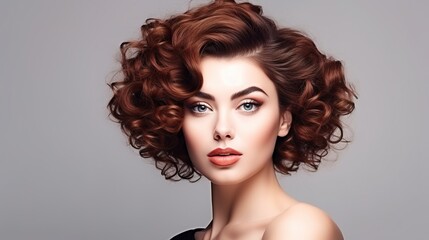 Wall Mural - glamorous redhead: a stunning portrait of a young woman with voluminous, curly auburn hair, showcasi