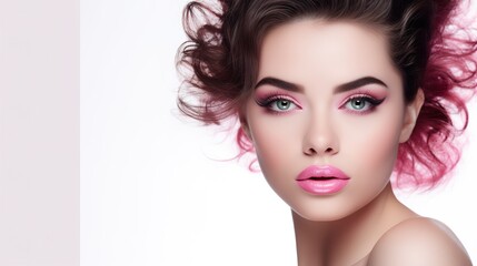 Wall Mural - pink hair, pink lips: a captivating portrait of a young woman with voluminous, dark pink hair and a 