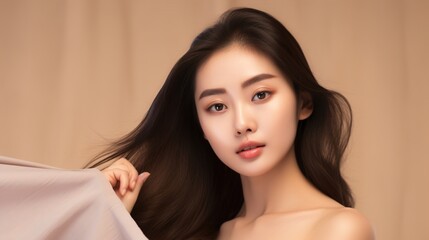 Wall Mural - serene beauty: a young woman with radiant skin and long, dark hair gazes serenely at the camera, exu