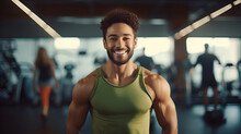 Muscular African American Man In Green Sportswear, Fitness Trainer Smiling And Looking At The Camera On The Background Of The Gym. The Concept Of A Healthy Lifestyle And Sports.