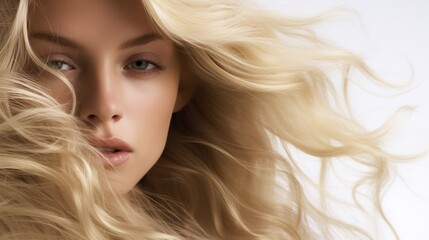 Wall Mural - golden waves: a captivating close-up portrait of a woman with radiant, flowing blonde hair, her eyes