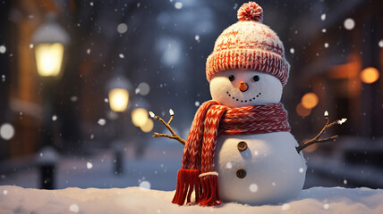 Wall Mural - A snowman adorned with a cheerful hat and scarf under the falling snow at night