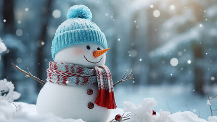 Wall Mural - A snowman adorned with a festive hat and scarf during daytime snowfall