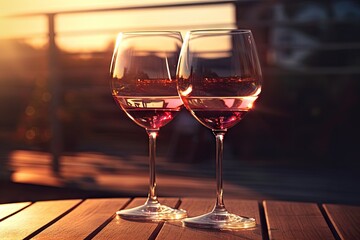 two glasses of red wine on the table with reflection of sunlight Generative AI