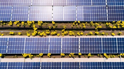 Canvas Print - solar panels in a row on a roof. Photo taken with a drone. Photovoltaic modules for renewable energy.Save the earth and the energy with good environment concept. generative ai