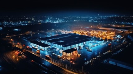 Sticker - An aerial view of an online store supply warehouse. View of a logistics centre in a city's industrial district. generative ai