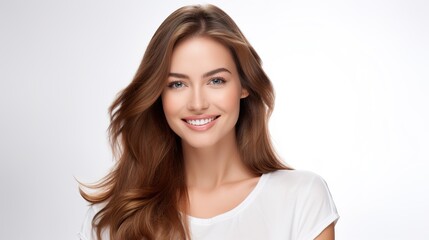 Wall Mural - radiant smile, confident gaze: a captivating portrait of a young woman with long, flowing brown hair