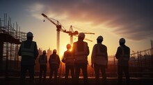 Silhouette Of Engineer And Worker On Building Site, Construction Site At Sunset. Generative Ai