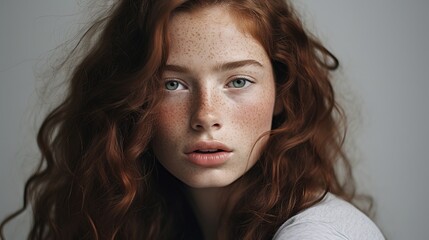 Wall Mural - intriguing gaze: a close-up portrait of a captivating young woman with fiery red hair, mesmerizing b