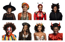 Group Of Eight Separate Portraits Of Black Women Of Different Ages Dressed In Halloween Costumes. White Background. Witch, Pirate, Devil, Princess, Gypsy, Cat, Clown, Ladybug.