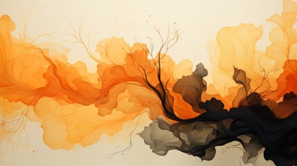 Sticker - An abstract orange and black watercolor like swirl and splash background pattern. Generative AI. 