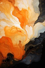 Sticker - An abstract orange and black watercolor like swirl and splash background pattern. Generative AI. 