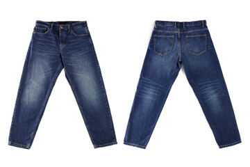 Collage with jeans isolated on white, back and front views