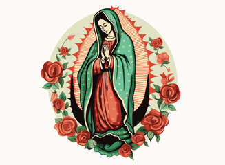 virgin of guadalupe, illustration on a beige background, december 12 in the basilica of guadalupe