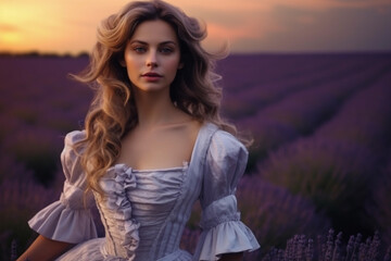 Beautiful young woman in lavender field at sunset