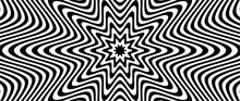 Radial Optical Illusion Background. Black And White Abstract Wave Lines Surface. Poster Design. Concentric Repeating Star Or Flower Illusion Wallpaper. Vector Op Art Illustration