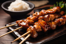 The Photo Captures A Mouth-watering Close-up Of Yakitori Skewers, Featuring Tender Chicken Chunks And A Tangy Teriyaki Glaze, Served Alongside Steaming Hot Rice