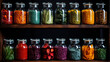 Vintage mason jars filled with colorful spices lining open shelves  