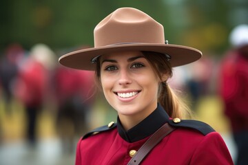 Wall Mural - Beautiful smiling young female Canadian mounty looking at the camera