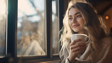 A beautiful young woman smiling holding a cup drinking coffee in a coffee shop.