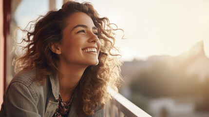 A beautiful young woman smiling happily next to a window.