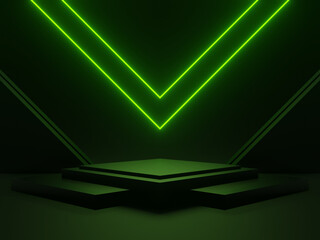 Wall Mural - 3d black geometric podium with green neon lights. sci-fi mock up.