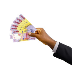 
Black hand with suit holding Central African CFA franc notes isolated on transparent background, 3d rendering