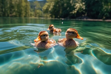 Closeup Of Three Cute Ducks Swimming In Lake