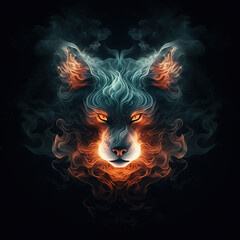 Canvas Print - Image of an angry fox face with fire smoke on black background. Wildlife Animals. Illustration, Generative AI.