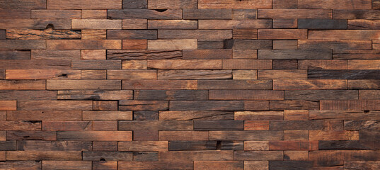 Poster - wood texture wall panel made of small planks. brown planks as background