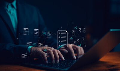 Aufkleber - DMS document management system, Data analysis of document, AI artificial intelligence process with technology processor to planning business information data, tech, network corporate concept.