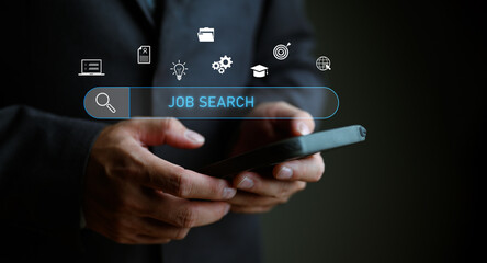 Leinwandbilder - Job search concept, find your career, businessman looking at online website by smartphone..Data Search Technology, Search Engine Optimization. Searching for information job interview.