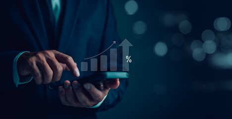 Interest rate and dividend concept, businessman calculating income and return on investment, save, income, return, retirement, compensation fund, investment, dividend tax, stock market, saving, trade.