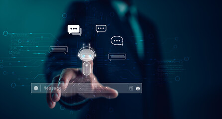 Poster - Ai technology, Artificial Intelligence. Man using technology smart robot AI, artificial intelligence by enter command prompt for generates something, Futuristic technology transformation. Chat with AI