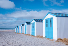 White Blue Beach House On The Beach Texel Netherlands, A Beach Hut On The Dutch Island Of Texel