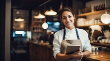 Successful Small Business Owner And Happy Waitress, Restaurant Hospitality And Modern Technology