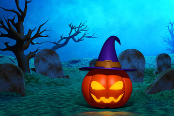 Wall Mural - Cartoon smile pumpkin glowing face with witch hat on graveyard cemetery 3d illustration