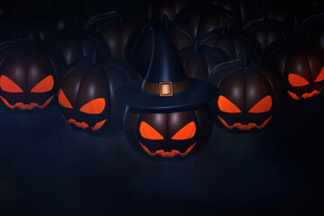 Wall Mural - Group of cartoon smile pumpkins glowing face with witch hat on 3d illustration