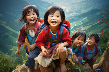 Wall Mural - Vietnamese Hmong children happy Vietnamese staircase background.