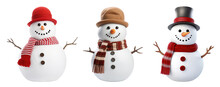 Three Snowmen With Hats And Scarfs Isolated On Transparent Background