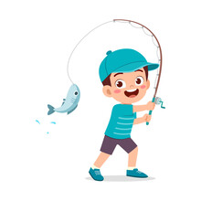 Little Kid Catch Fish With Fishing Rod And Feel Happy