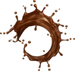 Wall Mural - Realistic liquid chocolate milk round splash. Melted cacao or coffee drink swirl. Isolated 3d vector choco dessert wave, flow, drink stream with splatters. Brown single stream with drops, splashing