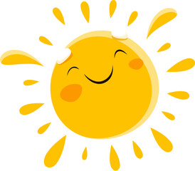 Wall Mural - Cartoon cheerful sun character, cute personage with closed eyes and funny smiling face. Isolated positive emoticon, solar sunshine, childish solar for sunscreen cream, kindergarten emblem