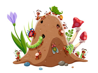 Wall Mural - Cartoon ants characters, anthill colony. Funny insect personages with prey and foods on mound at summer lawn. Isolated vector termites pests in their nest on meadow, bugs in natural environment