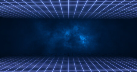 Wall Mural - Abstract blue energy grid swirling tunnel of lines in the top and bottom of the screen magical bright glowing futuristic hi-tech background
