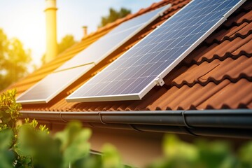 Close-up building with solar panels on the roof. Sustainable and clean energy at home