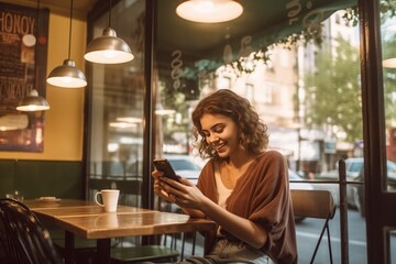 Sticker - Caucasian woman using the phone Typing on smartphone touch screen, texting, business woman, female student, happy smiling, online shopping, e-commerce mobile app.