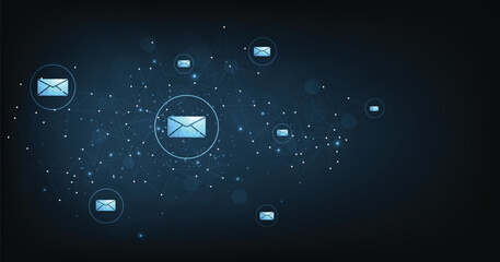 Poster - Email communication and digital marketing concept. email envelope icon on dark blue background. transmission email concept.